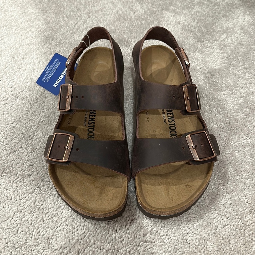 NWT Birkenstock Milano Oiled Leather sandals in color Habana (brown) Size 39